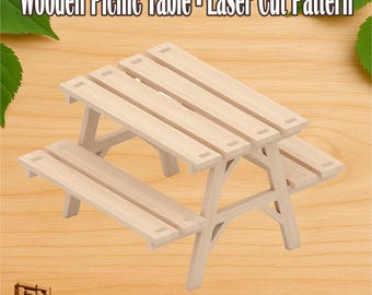 Mesa de picnic de madera / Miniatura / Patrón cortado a láser / SVG, DXF, EPS, AI, CDR-R / Descarga digital