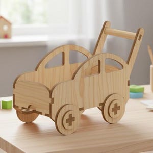 May include: A wooden toy car with a handle, suitable for toddlers. The car is crafted from light-coloured wood, featuring a car-shaped body with cut-out windows and wheels. A handle is attached for pushing. A children's toy.