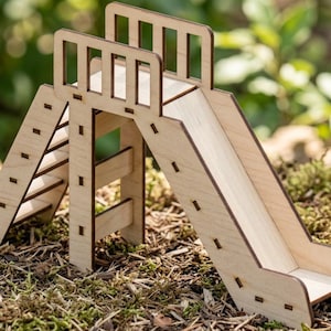 Könnte beinhalten: Ein Holzspielzeug-Rutsch- und Leiterset. Die Rutsche hat eine glatte Oberfläche und eine kleine Plattform am Boden. Die Leiter hat Stufen zum Klettern. Das Set ist aus hellem Holz gefertigt und für Kinder konzipiert.