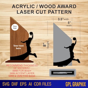 Padrão de corte a laser para prêmio de placa de acrílico/madeira - Arquivos Ai, Eps, Dxf, Svg e Cdr - Padrão de basquete