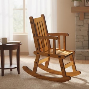May include: A wooden rocking chair with a light brown finish. The chair has a slatted back and armrests. The chair is on a beige carpet in a well-lit room. A small side table and a fireplace are also visible.