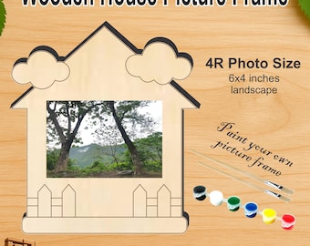 Wooden House Shaped Picture Frame | Laser Cut Pattern | Svg, Dxf, Eps, Ai, Cdr | Paint & Coloring | Kids Activity | Digital Download