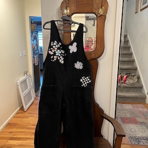 One of a kind- oversized Bib overalls  Appliqué of Flowers - size XL