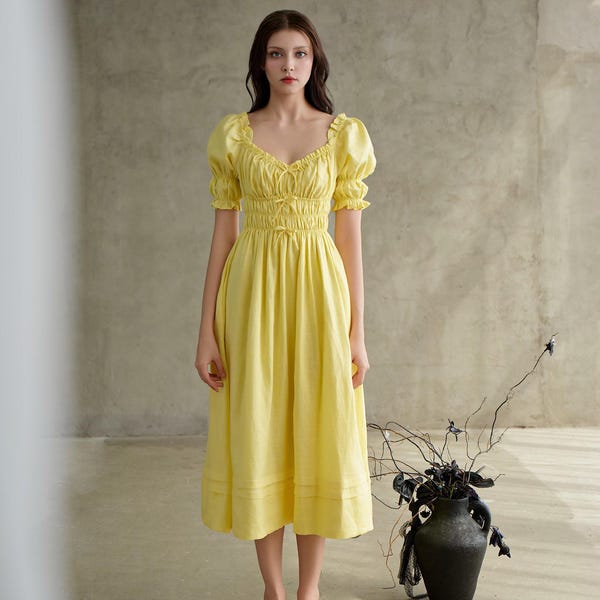 Margaret in Butter Yellow -  Midi Milkmaid Linen Dress, Puff Sleeve Cottagecore, Romantic Vintage-Inspired Linen