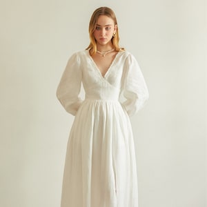 Arabella Maxi Linen dress in Ivory - Long sleeves linen dress, maxi linen summer dress, Pure Linen Clothing, white wedding linen dress