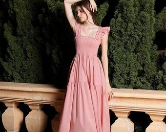Katrina en rosa empolvado - Vestido midi de lino, vestido con corpiño fruncido, vestido de lino rosa, vestido de lino estilo cottagecore, ropa de mujer, vestido de maternidad