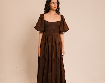 Amelia in Cacao - Maxi linen dress for women,  Linen clothing for women, Cottage Core Dress, Bump friendly linen dress, smocked dress