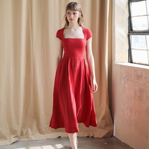 Daphne Midi Dress in Red Wine - Midi linen dress for women, classy linen dress, Linen clothing for women, Classic Timeless linen dress