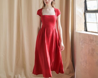 Daphne in Red Wine - Linen Midi Dress, Capped Sleeve Classic dress, midi dress, linen dress, gift for her, custom dress, red linen dress