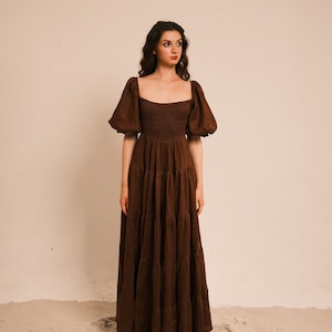 Amelia en Cacao - Vestido largo de lino, vestido estilo cottagecore con fruncido, vestido largo de lino, vestido bohemio de lino, ropa de mujer, vestido de maternidad