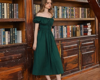 Delanie en verde esmeralda - Vestido de lino verde esmeralda para mujer, vestido midi de lino, ropa de lino para mujer, vestido estilo campestre