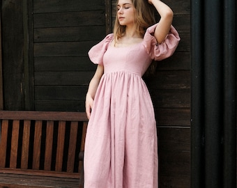 Vestido largo de lino rosa empolvado estilo bohemio campestre, confeccionado a medida, ropa de mujer, vestido premamá de lino.