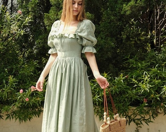 Hazel in Pale Green - Maxi linen sundress, boho linen dress,  Linen clothing for women, Cottage Core Dress, Bow ties back dress, women dress