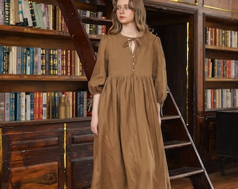 Olivia in Earthy - Abito midi in lino, abbigliamento rustico a maniche lunghe, abiti da donna in lino, abito premaman, abito midi in lino, abito boho in lino