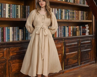 Vestido Leah color crema beige - Vestido midi de lino de manga larga con lazo, ropa de lino para mujer, vestido de novia de lino, vestido de fiesta, vestido de invierno