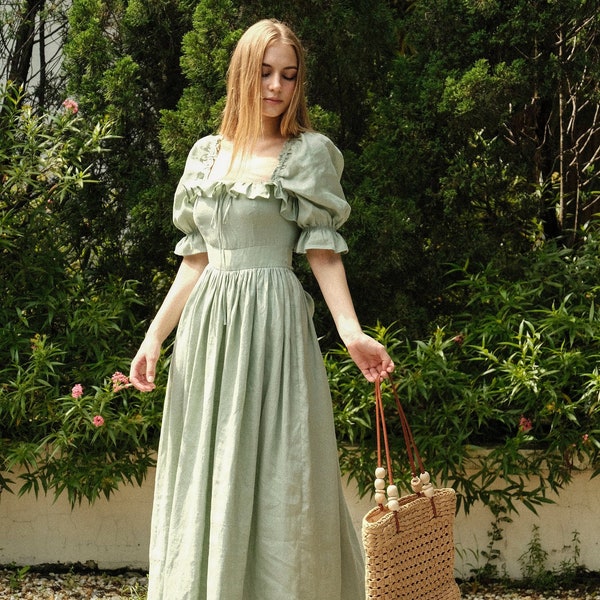 Hazel in Pale Green - Linen Maxi Sundress, Ruffled Cottagecore Dress, Linen women clothes, custom size clothes, classic dress, gift for her