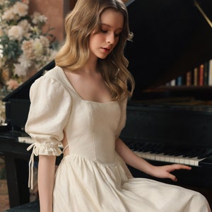 Athena in Ivory- Long linen dress for women, midi linen dress, Linen clothing for women, Linen Milkmaid dress for fall season
