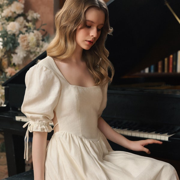 Sukienka lniana Athena Ivory – lniana sukienka maxi, lniana suknia ślubna, sukienka ciążowa, odzież lniana, ubrania damskie, prezent dla niej