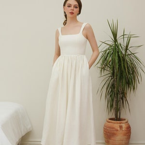 Ariel midi linnen jurk - lange linnen jurk voor vrouwen, linnen trouwjurk, linnen kleding voor vrouwen, Cottage Core witte linnen kleding