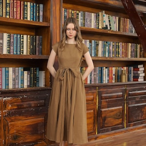 Beatrice Dress in Light Brown - Long linen dress for women, midi linen dress, Linen clothing for women, Linen wrap dress, midi dress