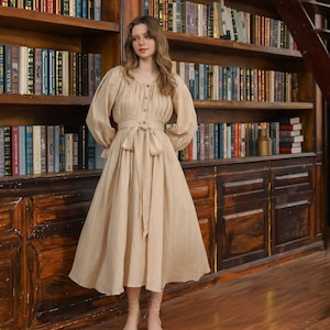 Leah Dress in Cream Beige - Long linen dress for women, midi linen dress, Linen clothing for women, Linen dress with long sleeves