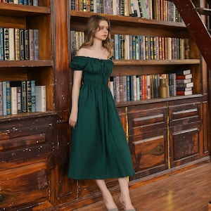 Delanie in Emerald Green - Long linen dress for women, midi linen dress, Linen clothing for women, Linen Milkmaid dress for fall season