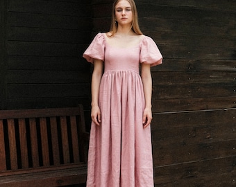 Shella in Dusty Pink – Boat Neck, Puffy Sleeves, Babydoll Linen Maxi Dress, Custom Clothing