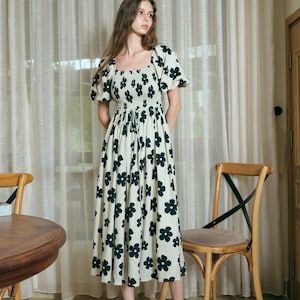 Martine Midi Linen Dress in Dark Floral - Long linen dress for women, floral linen dress, Linen clothing for women, Cottage Core Long dress