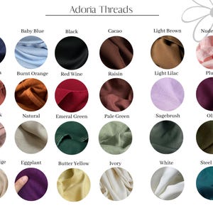 May include: A color chart of fabric swatches in various colors, including navy, baby blue, black, cacao, light brown, nude pink, terracotta, burnt orange, red wine, raisin, light lilac, plum, dusty pink, natural, emerald green, pale green, sagebrush, olive, cream beige, eggplant, butter yellow, ivory, white, and steel blue.