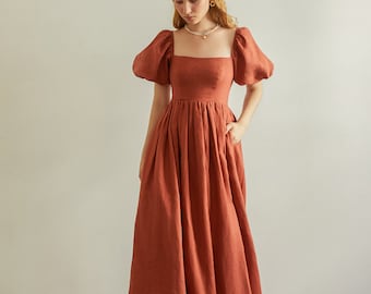 Sherley Maxi Linen Dress in Terracotta - Long linen dress for women, linen dress, Linen clothing for women, Cottage Core Dress, Summer dress