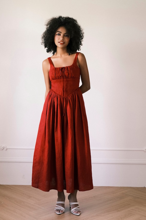 Kara Dress in Red Wine - Maxi linen dress for women, Linen clothing for women, Cottage Core Dress, Summer dress, Washed Linen Dress