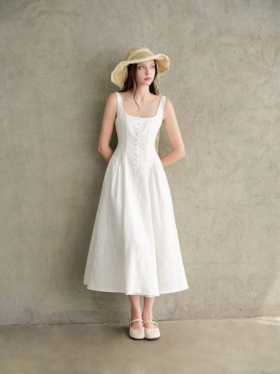 knee length dresses for ladies Maxi linen dress AGRA in White