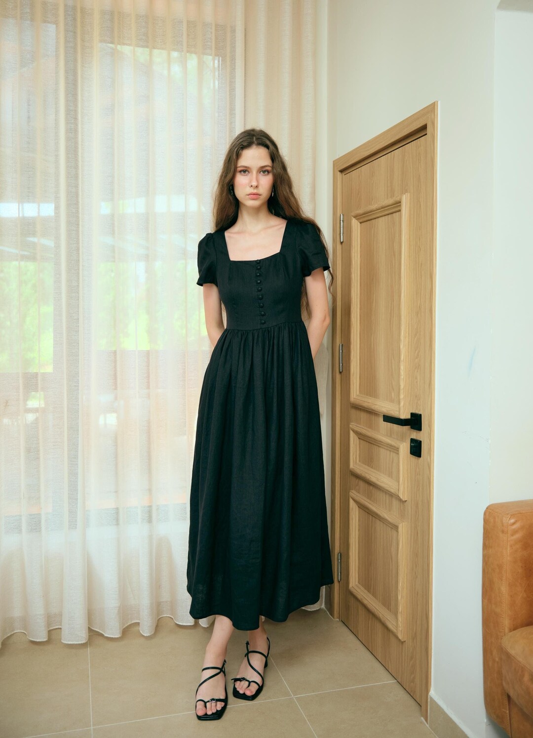 Seraphine in Black - Long Linen Dress for Women, Wedding Linen Dress ...
