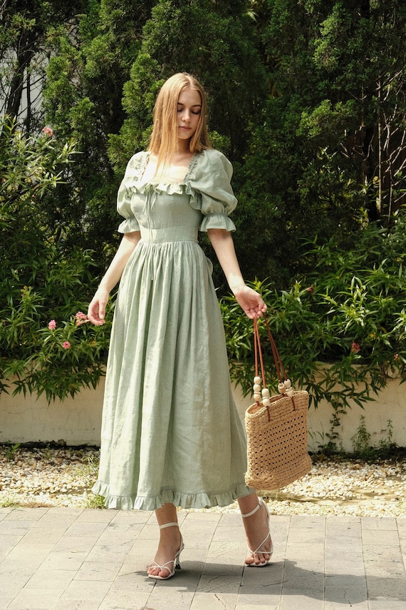 Hazel in Pale Green Maxi Linen Sundress Boho Linen Dress Linen Clothing for Women Cottage Core Dress Bow Ties Back Dress Women Dress Etsy