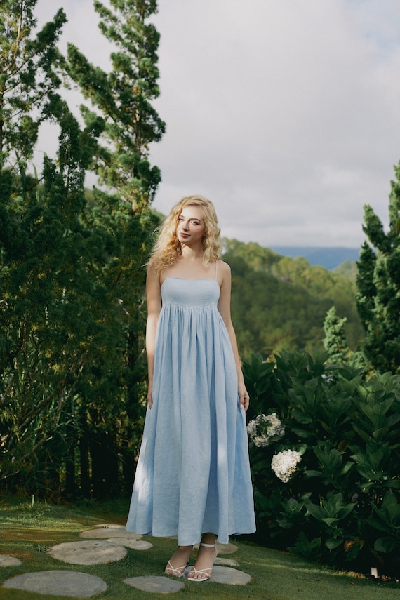 chinese dress ladies Dusty Blue Linen Prairie Maxi Dress from NikkaPlace