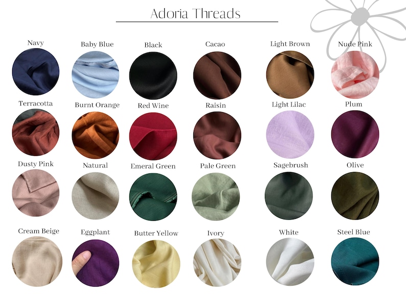 Pode incluir: Uma carta de cores de amostras de tecido em v&aacute;rias cores, incluindo azul marinho, azul beb&ecirc;, preto, cacau, marrom claro, rosa nude, terracota, laranja queimado, vinho tinto, passas, lil&aacute;s claro, ameixa, rosa p&oacute;, natural, verde esmeralda, verde claro, s&aacute;lvia, oliva, bege creme, berinjela, amarelo manteiga, marfim, branco e azul a&ccedil;o.