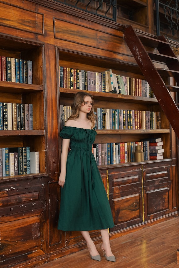 chinese dress ladies Solana Midi Dress in Emerald Linen Blend main image 1