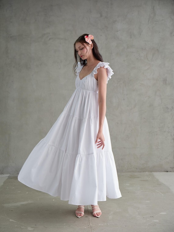 cotton tiered maxi dress Dusty Lavender / Large Tall or dress it up with statement earrings and elegant heels for more formal gatherings Cotton Tiered Ruffle Maxi