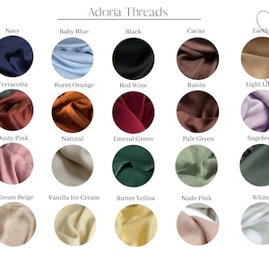 Puede incluir: Muestra de colores de tela que muestra 20 colores diferentes, incluyendo azul marino, azul beb&eacute;, negro, cacao, terroso, terracota, naranja quemado, vino tinto, pasas, lila claro, rosa polvoriento, natural, verde esmeralda, verde p&aacute;lido, salvia, beige crema, helado de vainilla, amarillo mantequilla, rosa nude y blanco.