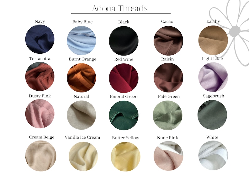 Puede incluir: Muestra de colores de tela que muestra 20 colores diferentes, incluyendo azul marino, azul beb&eacute;, negro, cacao, terroso, terracota, naranja quemado, vino tinto, pasas, lila claro, rosa polvoriento, natural, verde esmeralda, verde p&aacute;lido, salvia, beige crema, helado de vainilla, amarillo mantequilla, rosa nude y blanco.
