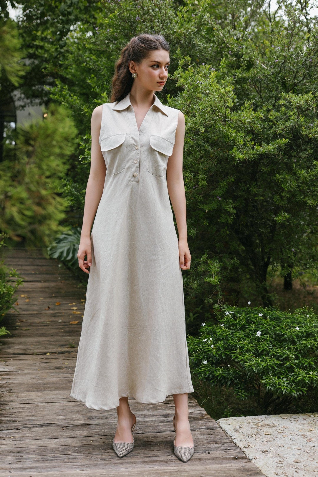 Esther Linen Maxi Dress: Sleeveless Bias Cut Midi Dress UK