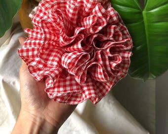 Haarelastiekjes van katoen en linnen met rood ruitpatroon - Haaraccessoire voor vrouwen en meisjes, cadeau voor haar