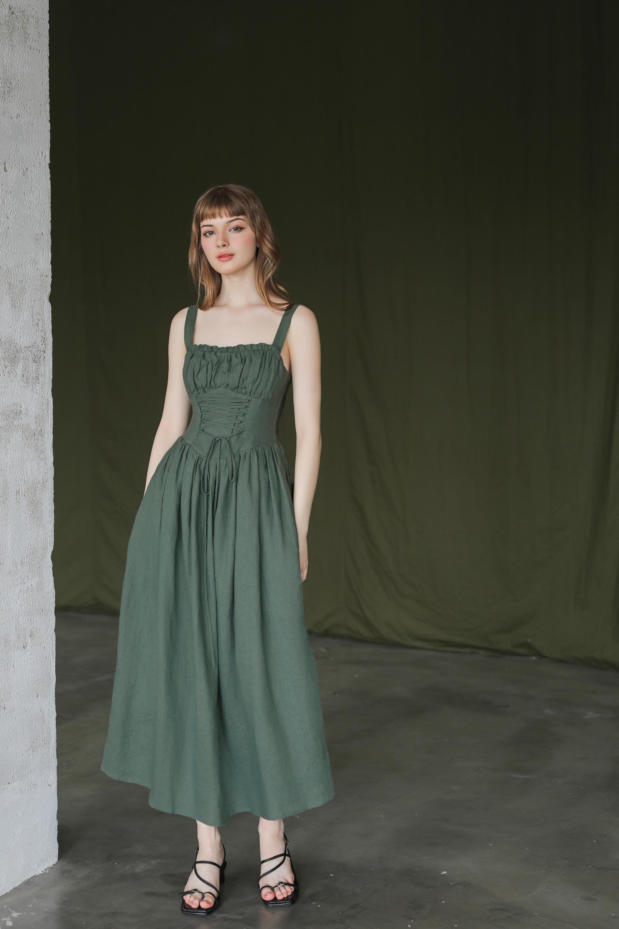 sage green mesh puff detail corset bodycon dress Lady Corset Dress ~ Moss Green Luxe Satin XL