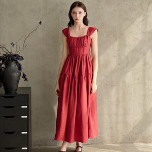 Rowan in Red wine - Red Linen Tiered Midi Dress, Cottagecore Summer Dress with Square Neckline | Handmade Natural Linen Dress for Women