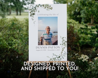 Custom Eucalyptus Funeral Welcome | Elegant Sign with Photo