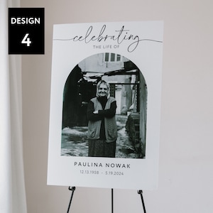 May include: A black and white photo of a woman in a headscarf and a vest, standing in a narrow alleyway. The photo is framed in a white arch and the text "celebrating the life of" is above the photo. Below the photo is the text "Paulina Nowak 12.13.1958 - 5.19.2024".