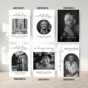 May include: Six different memorial card designs in black and white. Each design features a photo of a person and text that says "celebrating the life of" or "in loving memory of". The text also includes the person's name and dates.