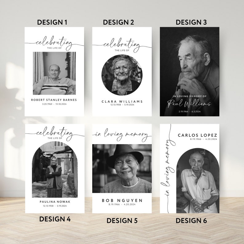 May include: Six different memorial card designs in black and white. Each design features a photo of a person and text that says "celebrating the life of" or "in loving memory of". The text also includes the person's name and dates.
