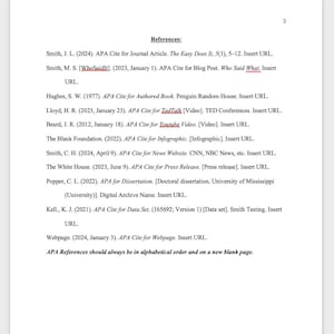 以下が含まれることがあります： 「参考文献」というテキストが上部に書かれた白黒のページ。ページには、ジャーナル記事、ブログ投稿、書籍、ビデオ、ウェブサイト、プレスリリース、データセットなど、APA形式の引用がリストされています。「APA参考文献は常にアルファベット順に、新しい空白のページに記載する必要があります。」というテキストがページの下部に記載されています。
