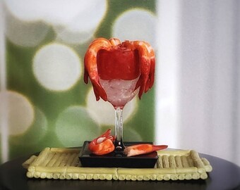 1:6 Scale Miniature SHRIMP Cocktail in Tall Goblet with 2 Loose Pieces - Realistic Miniature Food for Fashion Dolls & Action Figures